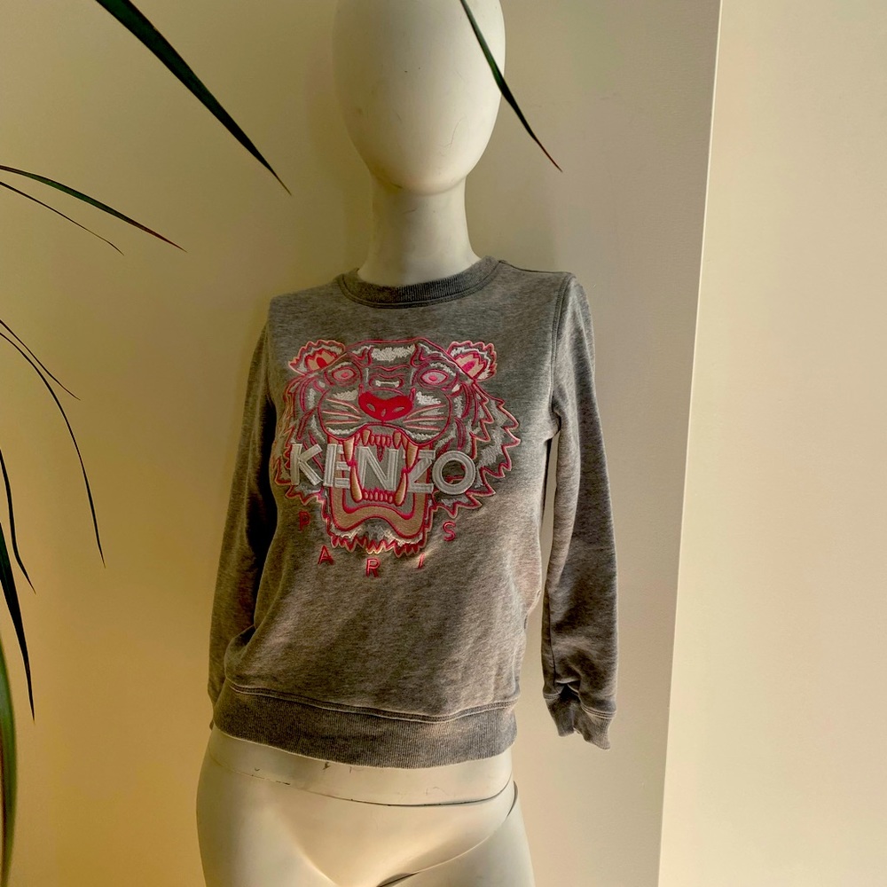 KENZO TIGER PINK EMBROIDERED GREY SWEATSHIRT